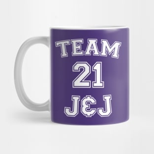 Vaccine pride: Team J&J (white college jersey typeface) Mug